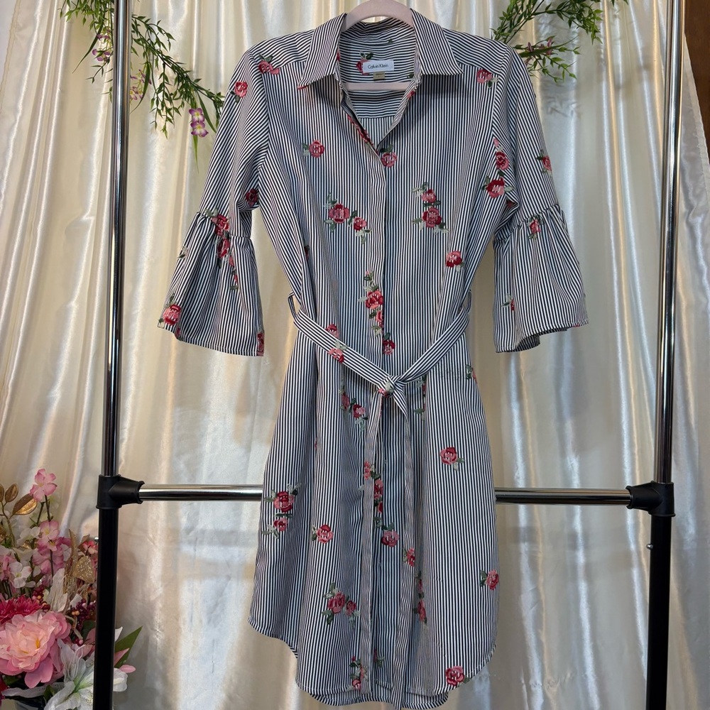 Calvin Klein Striped and Embroidered Button Up Dress-8